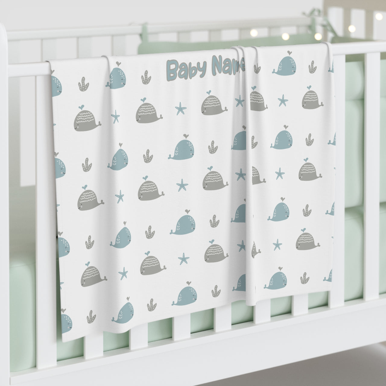 Personalized Cute Baby Unisex White & Green Whales Swaddle Blanket - CHILD DECOR LLC