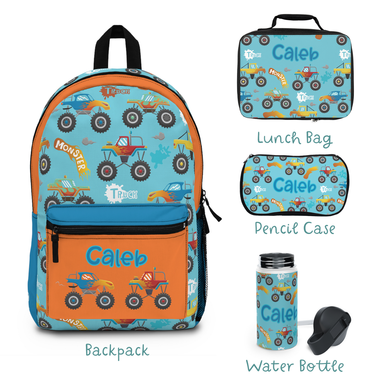 Personalized 4pcs Kids Monster Trucks Back to School Boys Bundle: Back Pack + Lunch Box + Water Bottle + Pencil Case (Save Extra 15% in bundle) - CHILD DECOR LLC