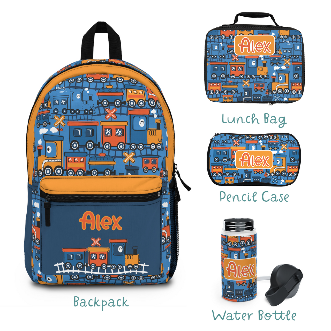 Personalized 4pcs Kids Trains Back to School Boys Bundle: Back Pack + Lunch Box + Water Bottle + Pencil Case (Save Extra 15% in bundle) - CHILD DECOR LLC