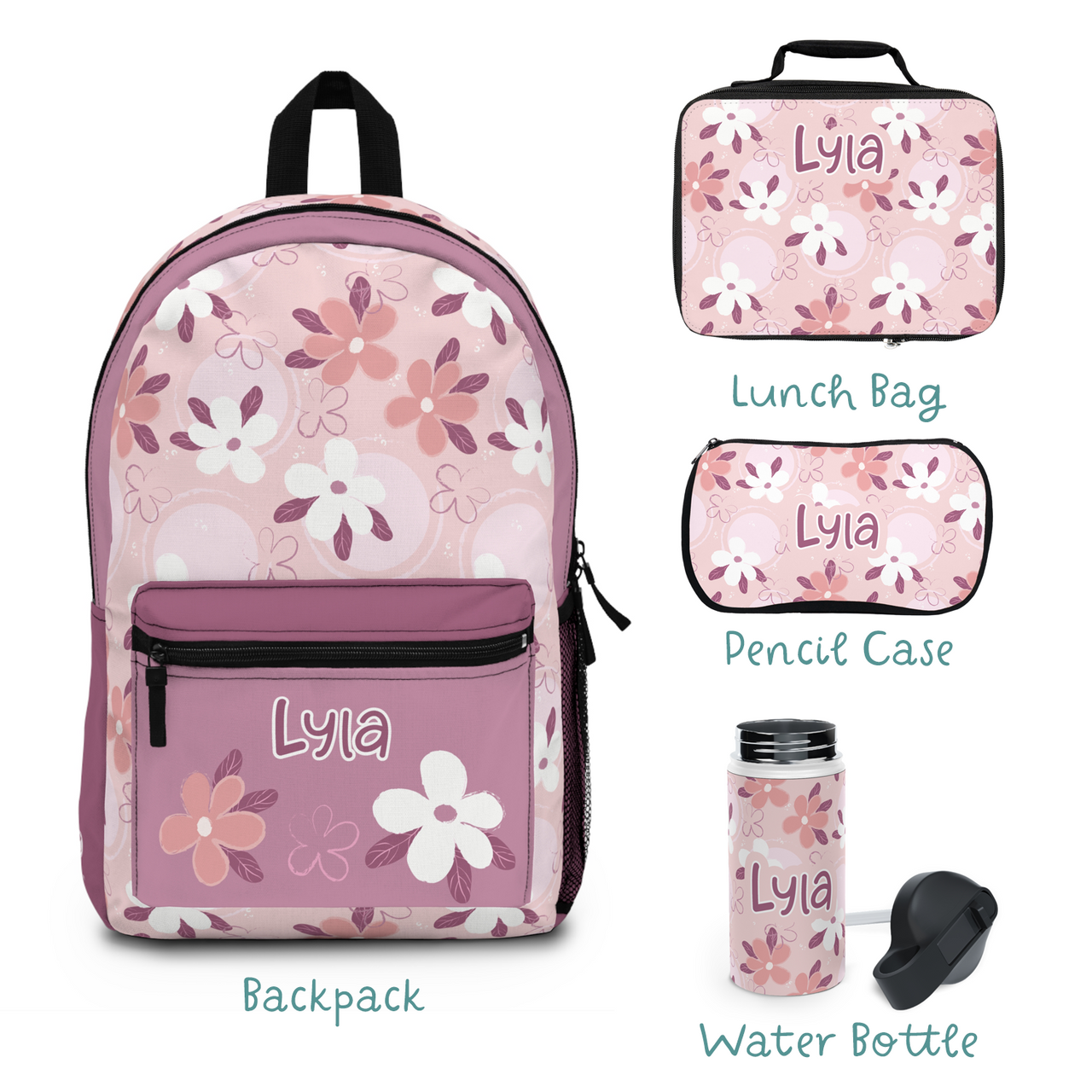 Personalized 4pcs Kids Flowers Back to School Girls Bundle: Back Pack + Lunch Box + Water Bottle + Pencil Case (Save Extra 15% in bundle) - CHILD DECOR LLC
