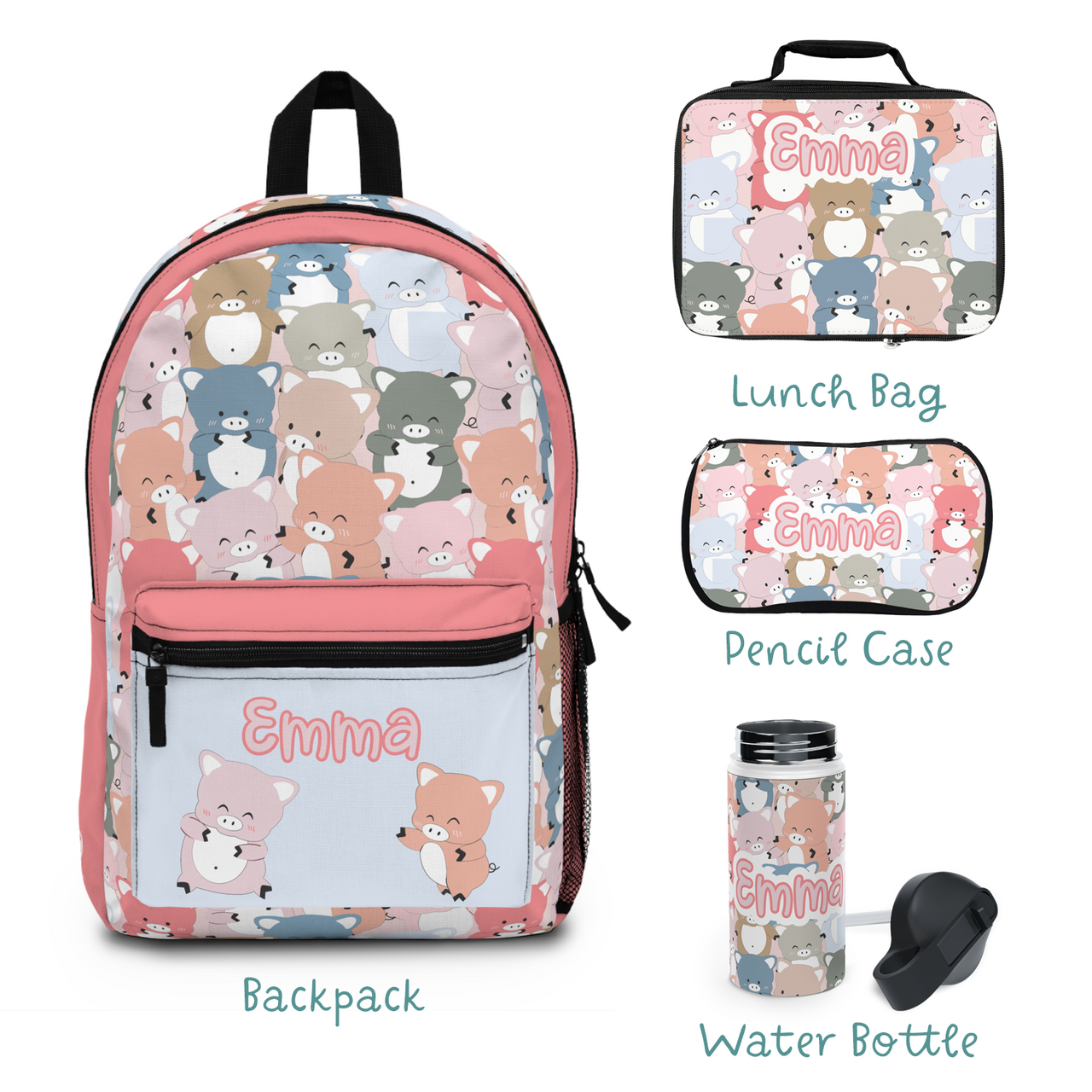 Personalized 4pcs Kids Pigs Back to School Girls Bundle: Back Pack + Lunch Box + Water Bottle + Pencil Case (Save Extra 15% in bundle) - CHILD DECOR LLC