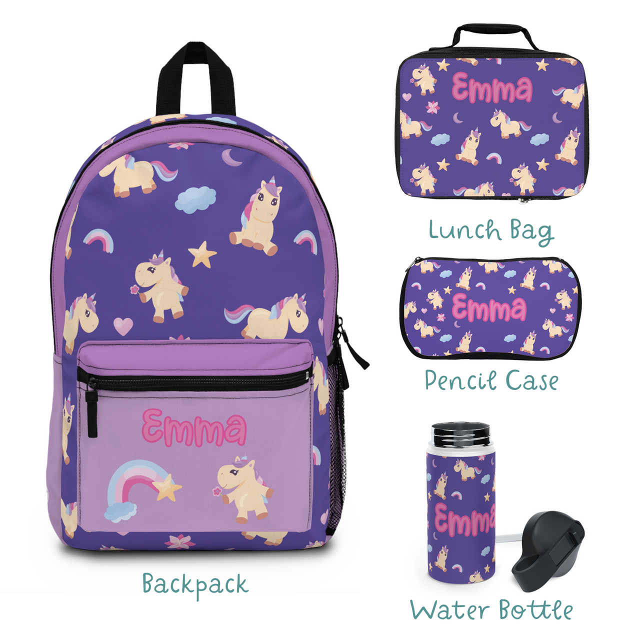 Personalized 4pcs Kids Unicorns Back to School Girls Bundle: Back Pack + Lunch Box + Water Bottle + Pencil Case (Save Extra 15% in bundle) - CHILD DECOR LLC