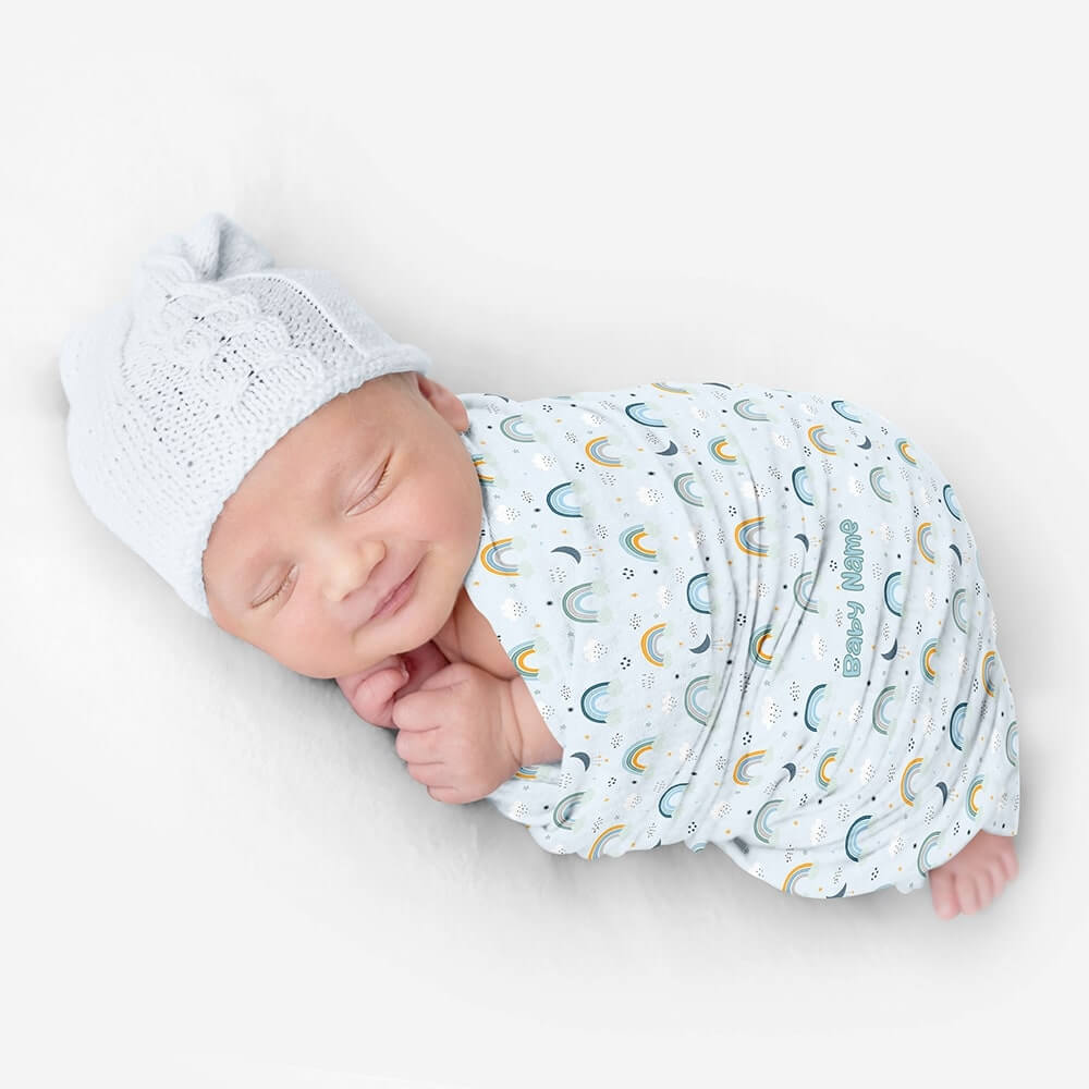 Personalized Cute Baby Boy Blue Rainbows Swaddle Blanket - CHILD DECOR LLC