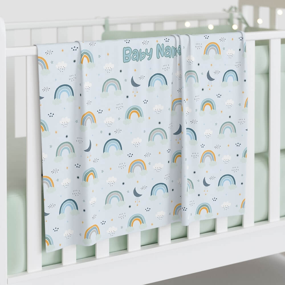 Personalized Cute Baby Boy Blue Rainbows Swaddle Blanket - CHILD DECOR LLC