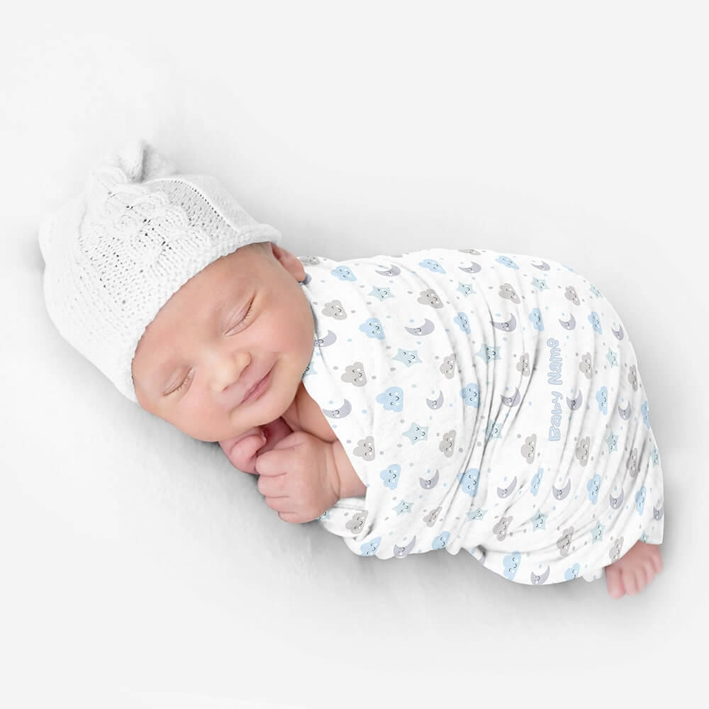 Personalized Cute Baby Boy White & Blue Moons & Stars Swaddle Blanket - CHILD DECOR LLC
