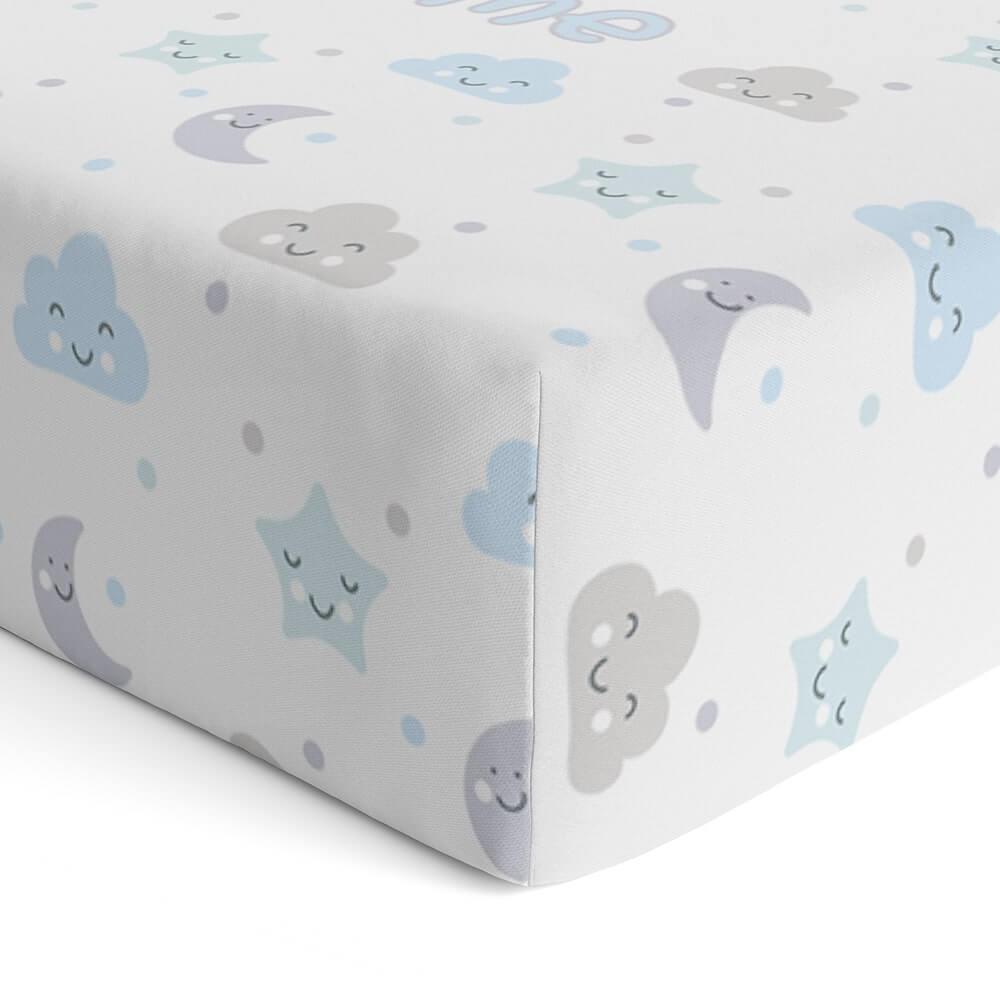 Personalized Cute Baby Boy White & Blue Moons & Stars Fitted Crib Sheet - CHILD DECOR LLC