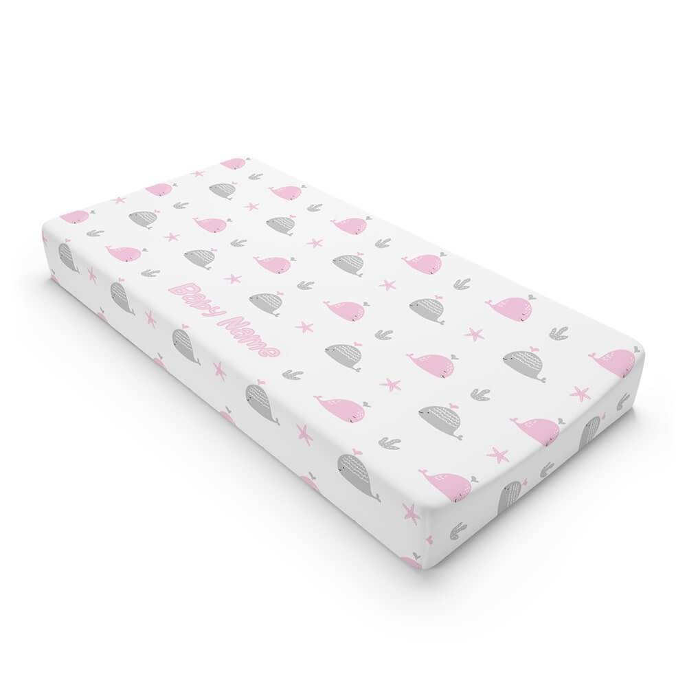 Personalized Cute Baby Girl White & Pink Whales Changing Pad Cover - CHILD DECOR LLC