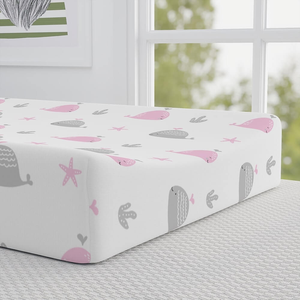 Personalized Cute Baby Girl White & Pink Whales Changing Pad Cover - CHILD DECOR LLC
